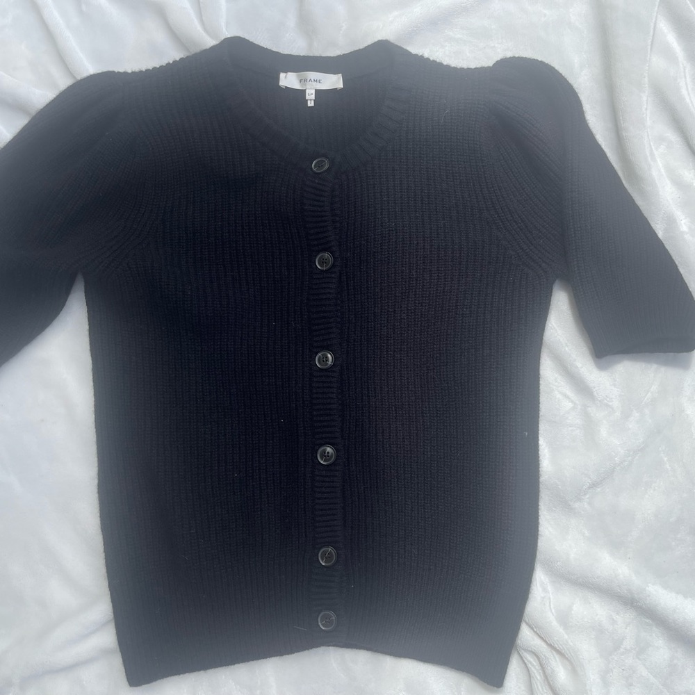 Frame Denim Black Short-Sleeve Ribbed Button-Up Cardigan
